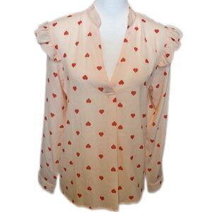 Made With Love NWT v-neck blouse pale peach w/red hearts, ruffle sleeve S